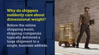 Why do shippers
suddenly care about
dimensional weight?
Before the online
shopping boom,
shipping companies
typically delivered a
large shipment to a
single, business address.
 