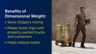 Benefits of
Dimensional Weight:
•	Saves shippers money
•	Makes fewer trips with
properly packed trucks
and containers
•	Helps reduce waste
 