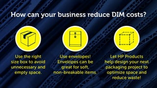 How can your business reduce DIM costs?
Use the right
size box to avoid
unnecessary and
empty space.
Use envelopes!
Envelopes can be
great for soft,
non-breakable items.
Let HP Products
help design your next
packaging project to
optimize space and
reduce waste!
 