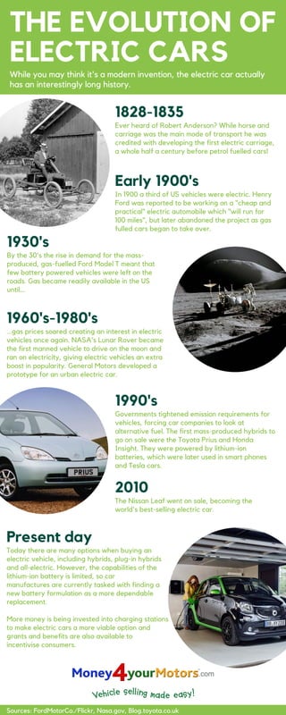 THE EVOLUTION OF
ELECTRIC CARS
1828-1835
While you may think it's a modern invention, the electric car actually
has an interestingly long history.
Early 1900's
1930's
1960's-1980's
1990's
2010
Present day
Ever heard of Robert Anderson? While horse and
carriage was the main mode of transport he was
credited with developing the first electric carriage,
a whole half a century before petrol fuelled cars!
In 1900 a third of US vehicles were electric. Henry
Ford was reported to be working on a "cheap and
practical" electric automobile which "will run for
100 miles", but later abandoned the project as gas
fulled cars began to take over.
By the 30's the rise in demand for the mass-
produced, gas-fuelled Ford Model T meant that
few battery powered vehicles were left on the
roads. Gas became readily available in the US
until...
...gas prices soared creating an interest in electric
vehicles once again. NASA's Lunar Rover became
the first manned vehicle to drive on the moon and
ran on electricity, giving electric vehicles an extra
boost in popularity. General Motors developed a
prototype for an urban electric car.
Governments tightened emission requirements for
vehicles, forcing car companies to look at
alternative fuel. The first mass-produced hybrids to
go on sale were the Toyota Prius and Honda
Insight. They were powered by lithium-ion
batteries, which were later used in smart phones
and Tesla cars.
The Nissan Leaf went on sale, becoming the
world's best-selling electric car.
Today there are many options when buying an
electric vehicle, including hybrids, plug-in hybrids
and all-electric. However, the capabilities of the
lithium-ion battery is limited, so car
manufactures are currently tasked with finding a
new battery formulation as a more dependable
replacement.
More money is being invested into charging stations
to make electric cars a more viable option and
grants and benefits are also available to
incentivise consumers.
Sources: FordMotorCo./Flickr, Nasa.gov, Blog.toyota.co.uk
 