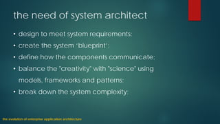• 
design tomeetsystem requirements; 
• 
createthesystem ‘blueprint’; 
• 
define how the components communicate; 
• 
balance the "creativity" with "science" using models, frameworks and patterns; 
• 
break down the system complexity; 
theneedofsystem architect 
theevolutionofenterpriseapplicationarchitecture  