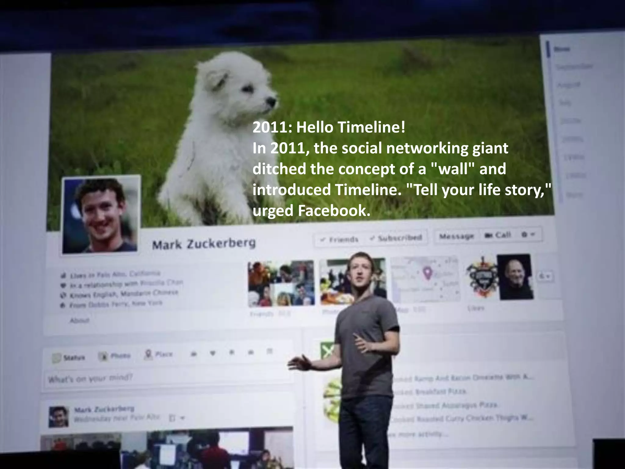 2011: Hello Timeline!
In 2011, the social networking giant
ditched the concept of a "wall" and
introduced Timeline. "Tell your life story,"
urged Facebook.
 