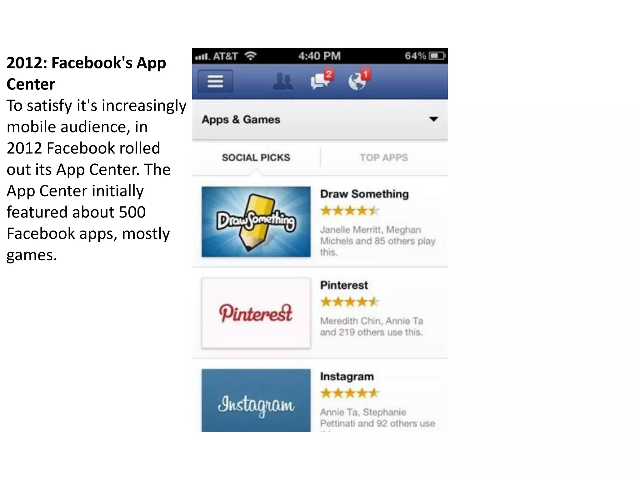 2012: Facebook's App
Center
To satisfy it's increasingly
mobile audience, in
2012 Facebook rolled
out its App Center. The
App Center initially
featured about 500
Facebook apps, mostly
games.
 