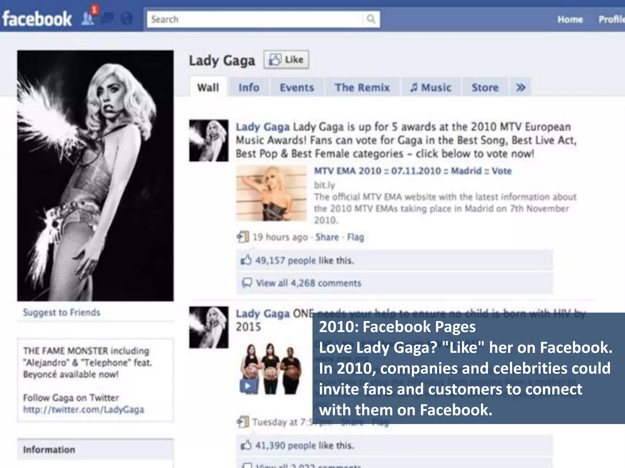 2010: Facebook Pages
Love Lady Gaga? "Like" her on Facebook.
In 2010, companies and celebrities could
invite fans and customers to connect
with them on Facebook.
 