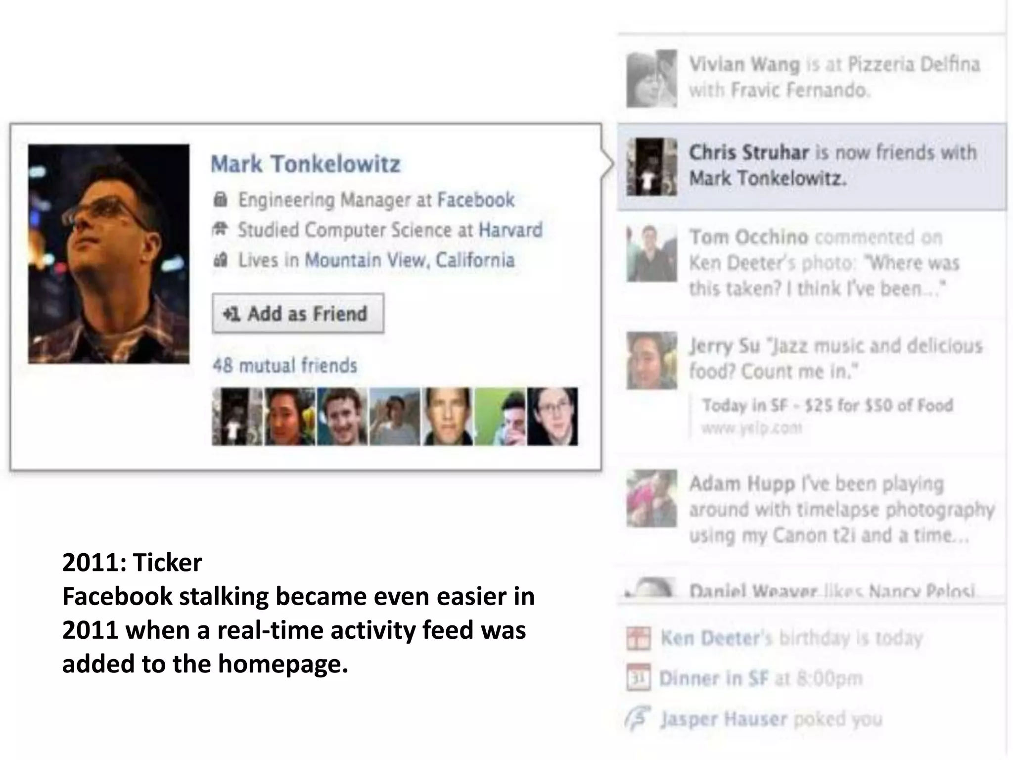 2011: Ticker
Facebook stalking became even easier in
2011 when a real-time activity feed was
added to the homepage.
 