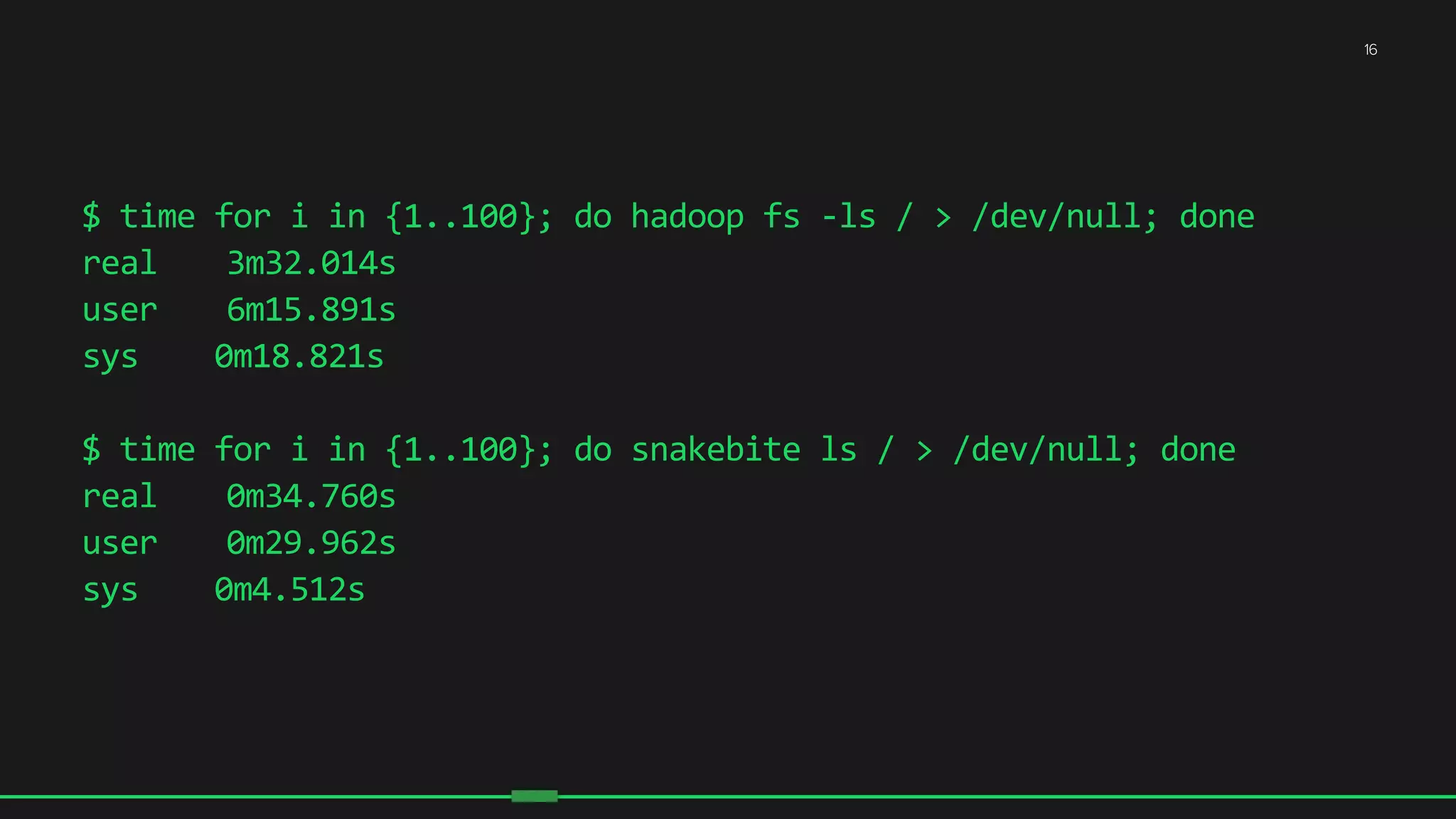 $	
  time	
  for	
  i	
  in	
  {1..100};	
  do	
  hadoop	
  fs	
  -­‐ls	
  /	
  >	
  /dev/null;	
  done	
  
real	
   3m32.014s	
  
user	
   6m15.891s	
  
sys	
  	
  	
  	
  0m18.821s	
  
$	
  time	
  for	
  i	
  in	
  {1..100};	
  do	
  snakebite	
  ls	
  /	
  >	
  /dev/null;	
  done	
  
real	
   0m34.760s	
  
user	
   0m29.962s	
  
sys	
  	
  	
  	
  0m4.512s	
  
16
 