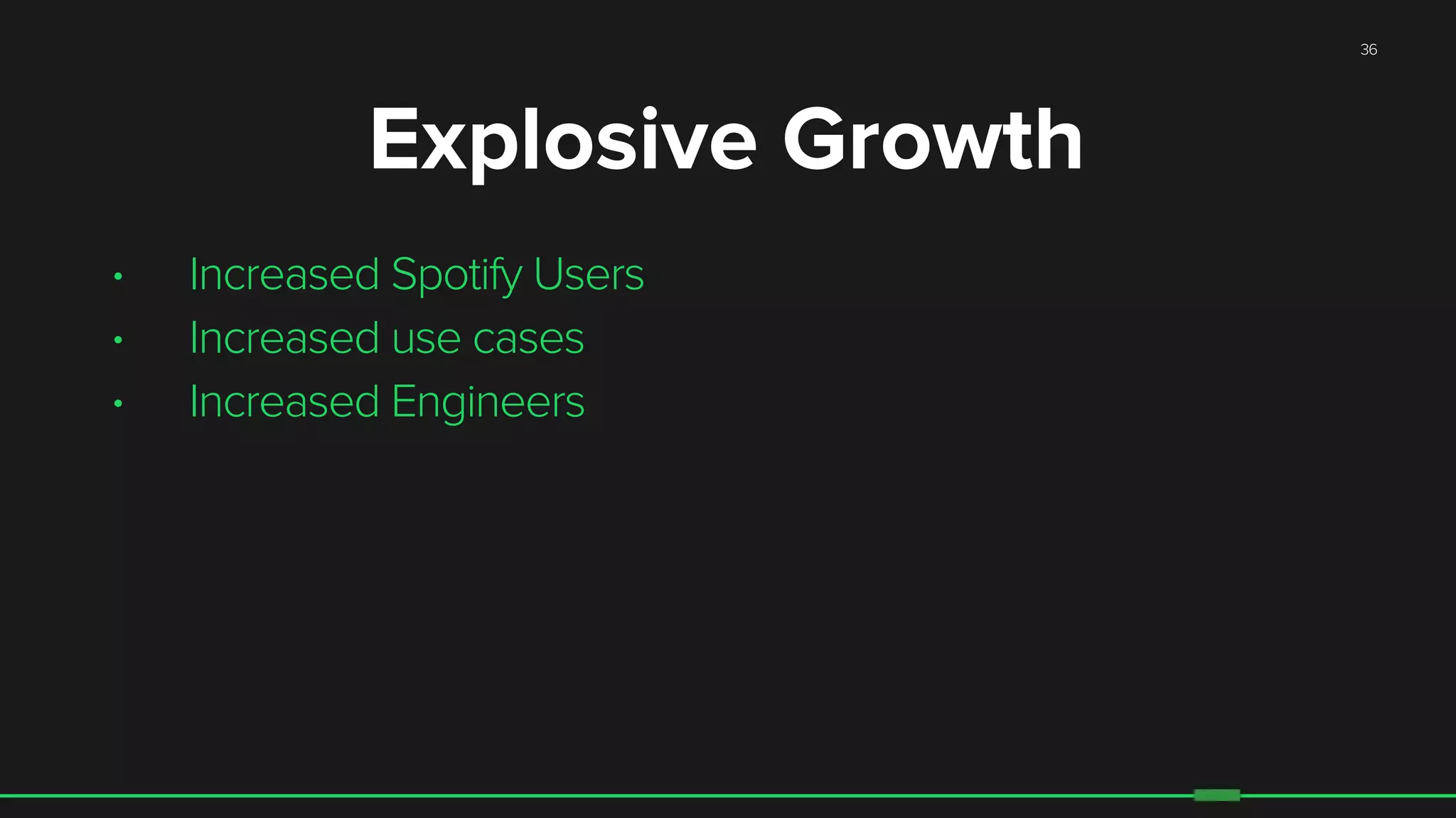 36
Explosive Growth
• Increased Spotify Users
• Increased use cases
• Increased Engineers
 