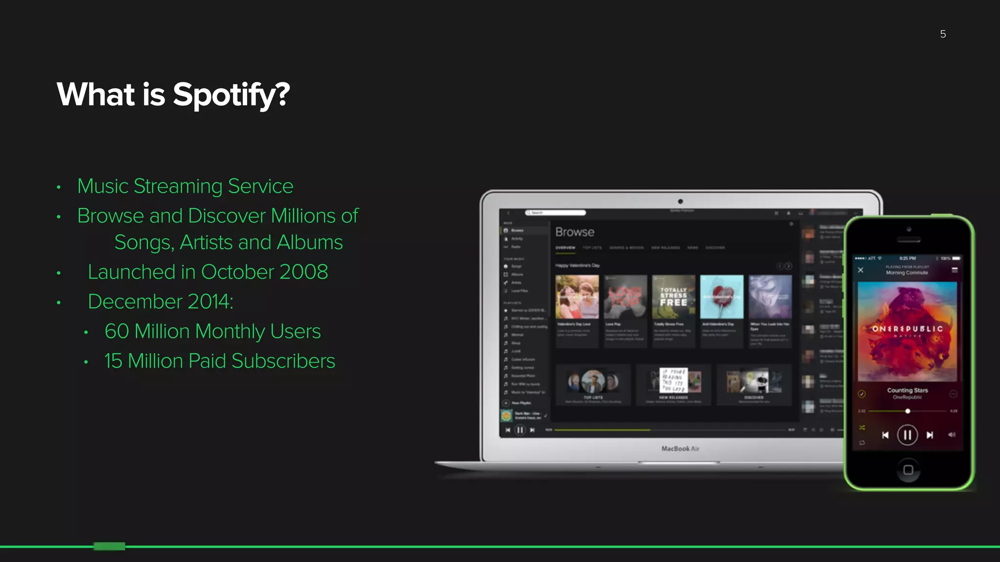 What is Spotify?
• Music Streaming Service
• Browse and Discover Millions of
Songs, Artists and Albums
• Launched in October 2008
• December 2014:
• 60 Million Monthly Users
• 15 Million Paid Subscribers
5
 