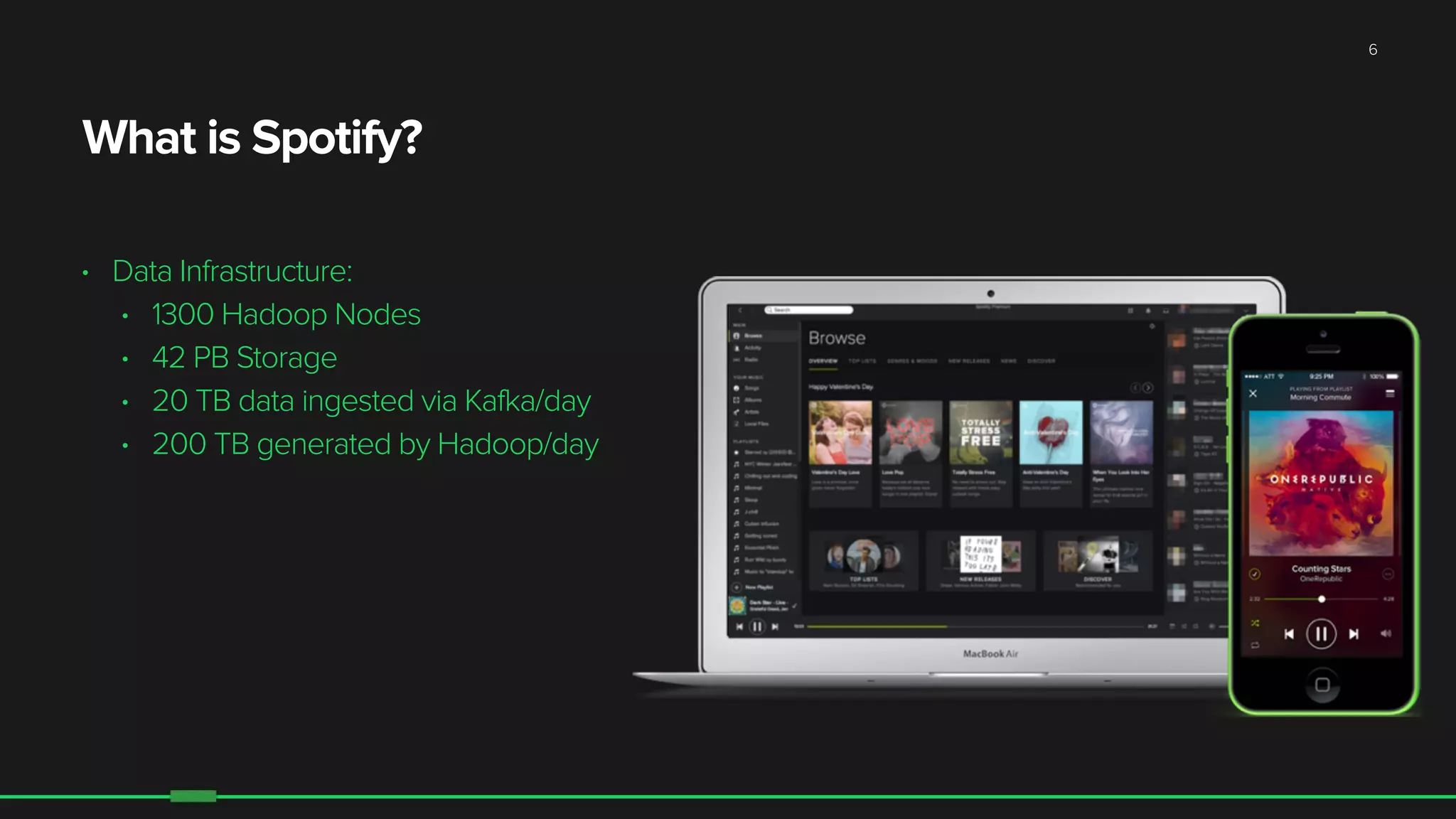 What is Spotify?
• Data Infrastructure:
• 1300 Hadoop Nodes
• 42 PB Storage
• 20 TB data ingested via Kafka/day
• 200 TB generated by Hadoop/day
6
 