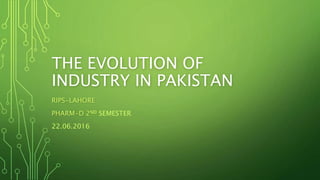 THE EVOLUTION OF
INDUSTRY IN PAKISTAN
RIPS-LAHORE
PHARM-D 2ND SEMESTER
22.06.2016
 