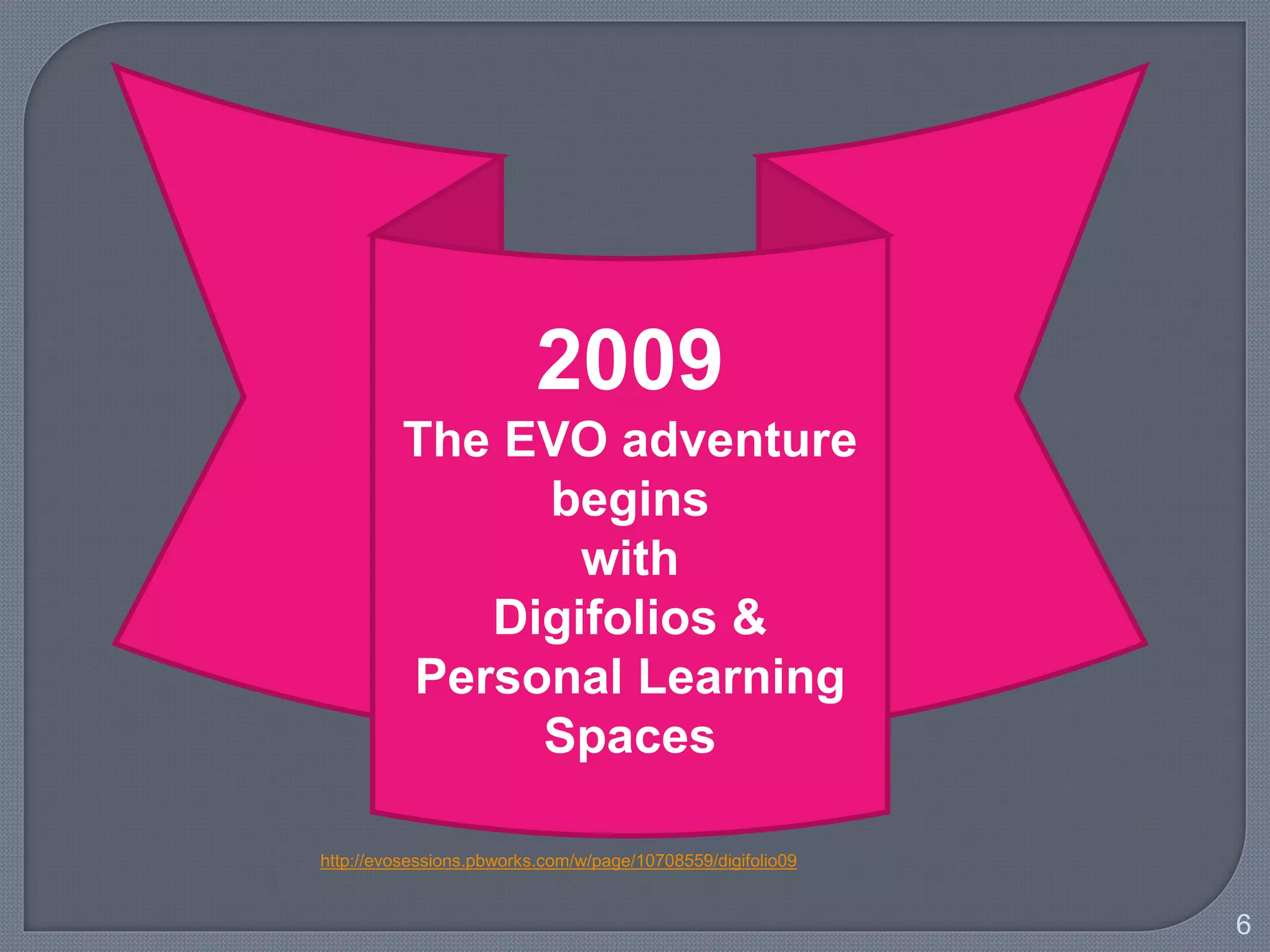 2009
The EVO adventure
begins
with
Digifolios &
Personal Learning
Spaces
6
http://evosessions.pbworks.com/w/page/10708559/digifolio09
 
