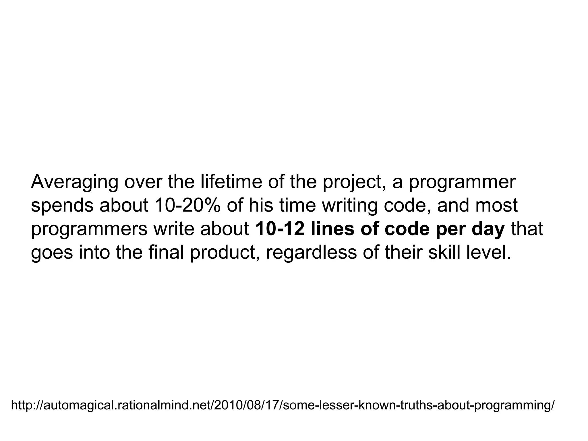 Averaging over the lifetime of the project, a programmer
spends about 10-20% of his time writing code, and most
programmers write about 10-12 lines of code per day that
goes into the final product, regardless of their skill level.
http://automagical.rationalmind.net/2010/08/17/some-lesser-known-truths-about-programming/
 