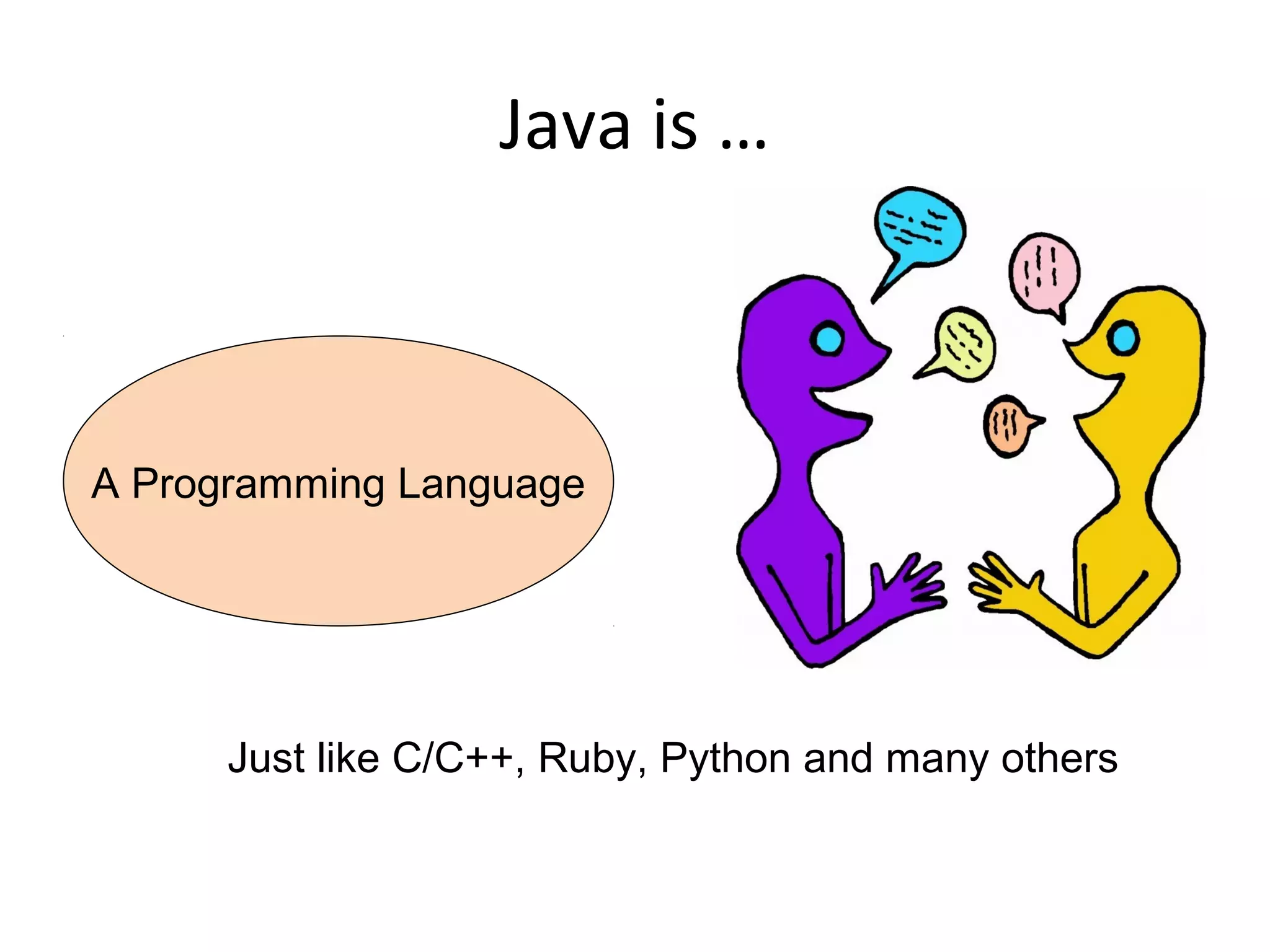 Java is …
A Programming Language
Just like C/C++, Ruby, Python and many others
 
