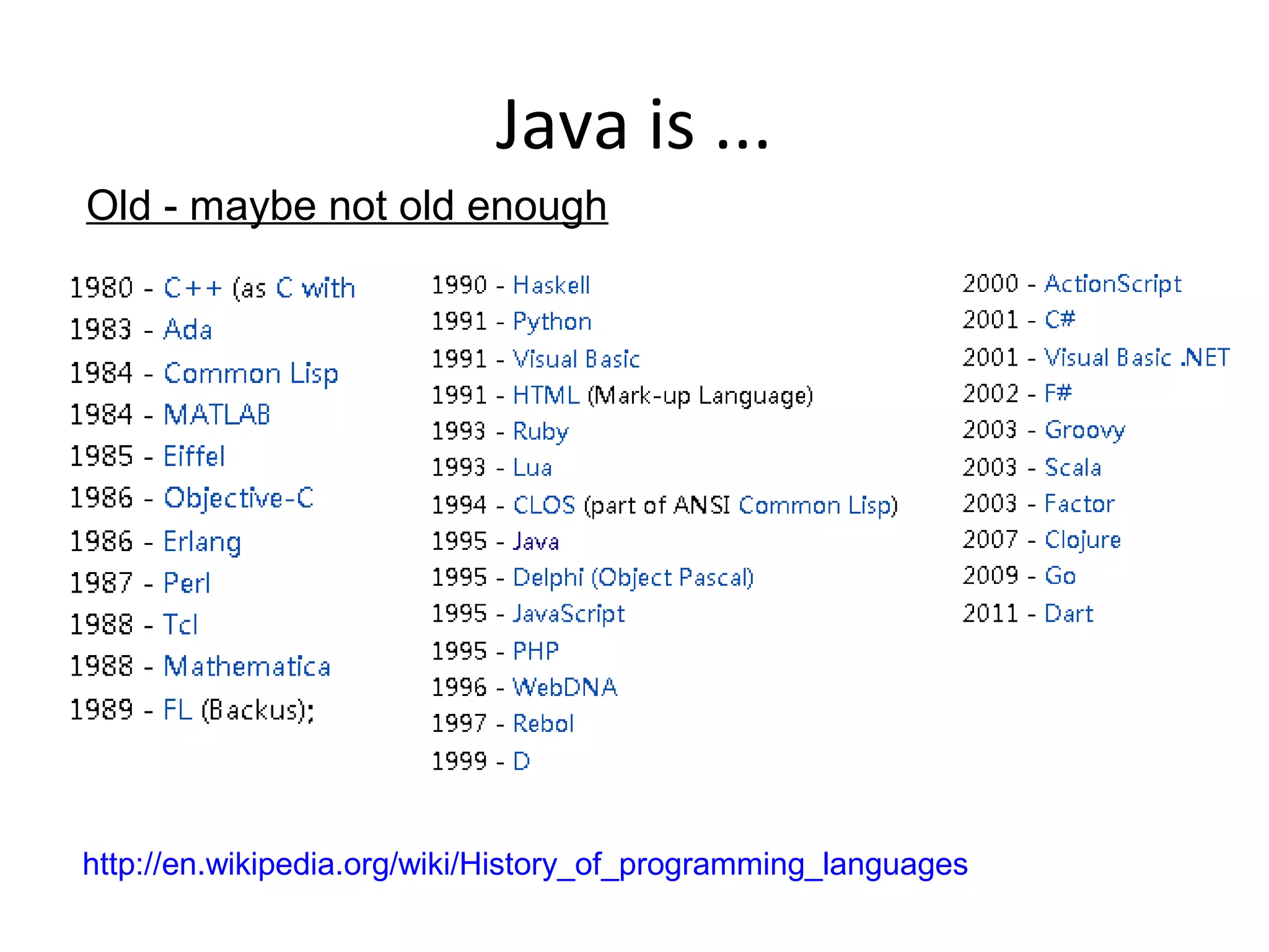 Java is ...
http://en.wikipedia.org/wiki/History_of_programming_languages
Old - maybe not old enough
 