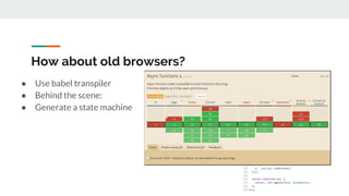 How about old browsers?
● Use babel transpiler
● Behind the scene:
● Generate a state machine
 