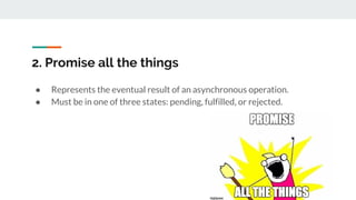 2. Promise all the things
● Represents the eventual result of an asynchronous operation.
● Must be in one of three states: pending, fulfilled, or rejected.
 