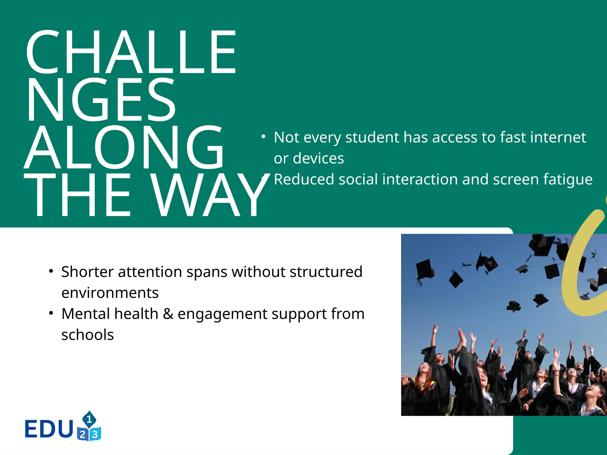 CHALLE
NGES
ALONG
THE WAY
• Not every student has access to fast internet
or devices
• Reduced social interaction and screen fatigue
• Shorter attention spans without structured
environments
• Mental health & engagement support from
schools
 
