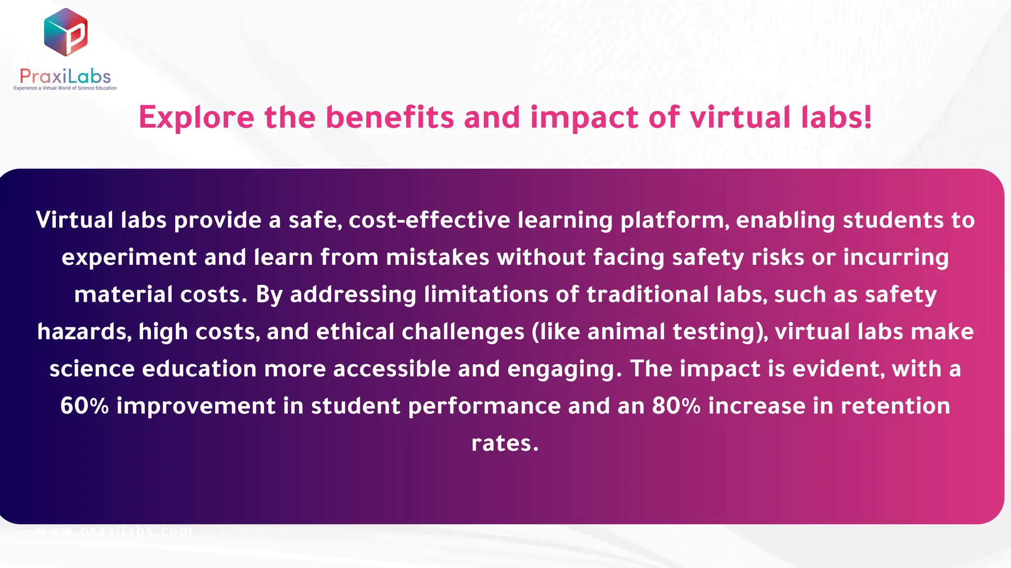 Explore the benefits and impact of virtual labs!
Virtual labs provide a safe, cost-effective learning platform, enabling students to
experiment and learn from mistakes without facing safety risks or incurring
material costs. By addressing limitations of traditional labs, such as safety
hazards, high costs, and ethical challenges (like animal testing), virtual labs make
science education more accessible and engaging. The impact is evident, with a
60% improvement in student performance and an 80% increase in retention
rates.
www.praxilabs.com
 