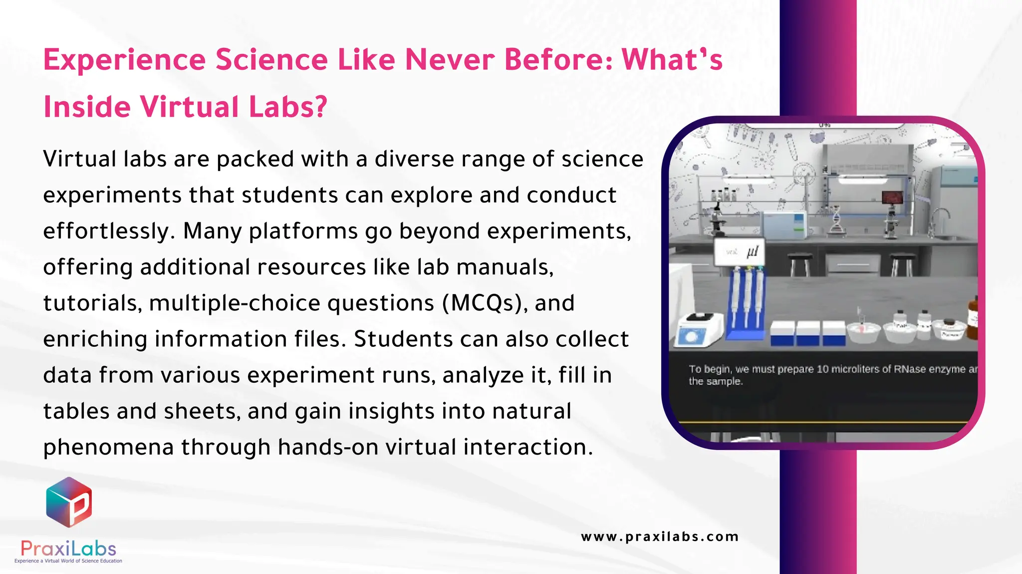 Virtual labs are packed with a diverse range of science
experiments that students can explore and conduct
effortlessly. Many platforms go beyond experiments,
offering additional resources like lab manuals,
tutorials, multiple-choice questions (MCQs), and
enriching information files. Students can also collect
data from various experiment runs, analyze it, fill in
tables and sheets, and gain insights into natural
phenomena through hands-on virtual interaction.
Experience Science Like Never Before: What’s
Inside Virtual Labs?
www.praxilabs.com
 
