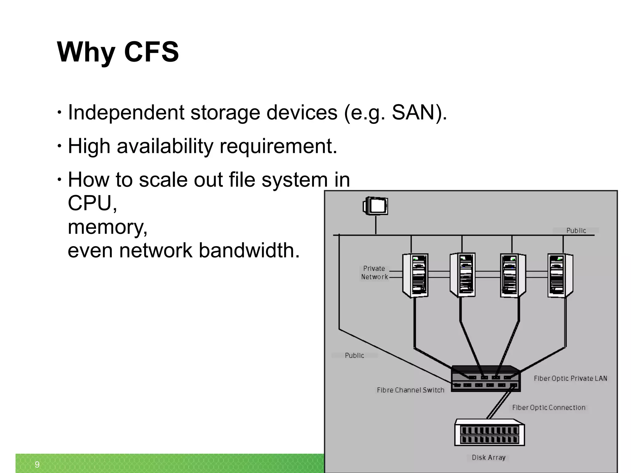 9
Why CFS
• Independent storage devices (e.g. SAN).
• High availability requirement.
• How to scale out file system in
CPU,
memory,
even network bandwidth.
 