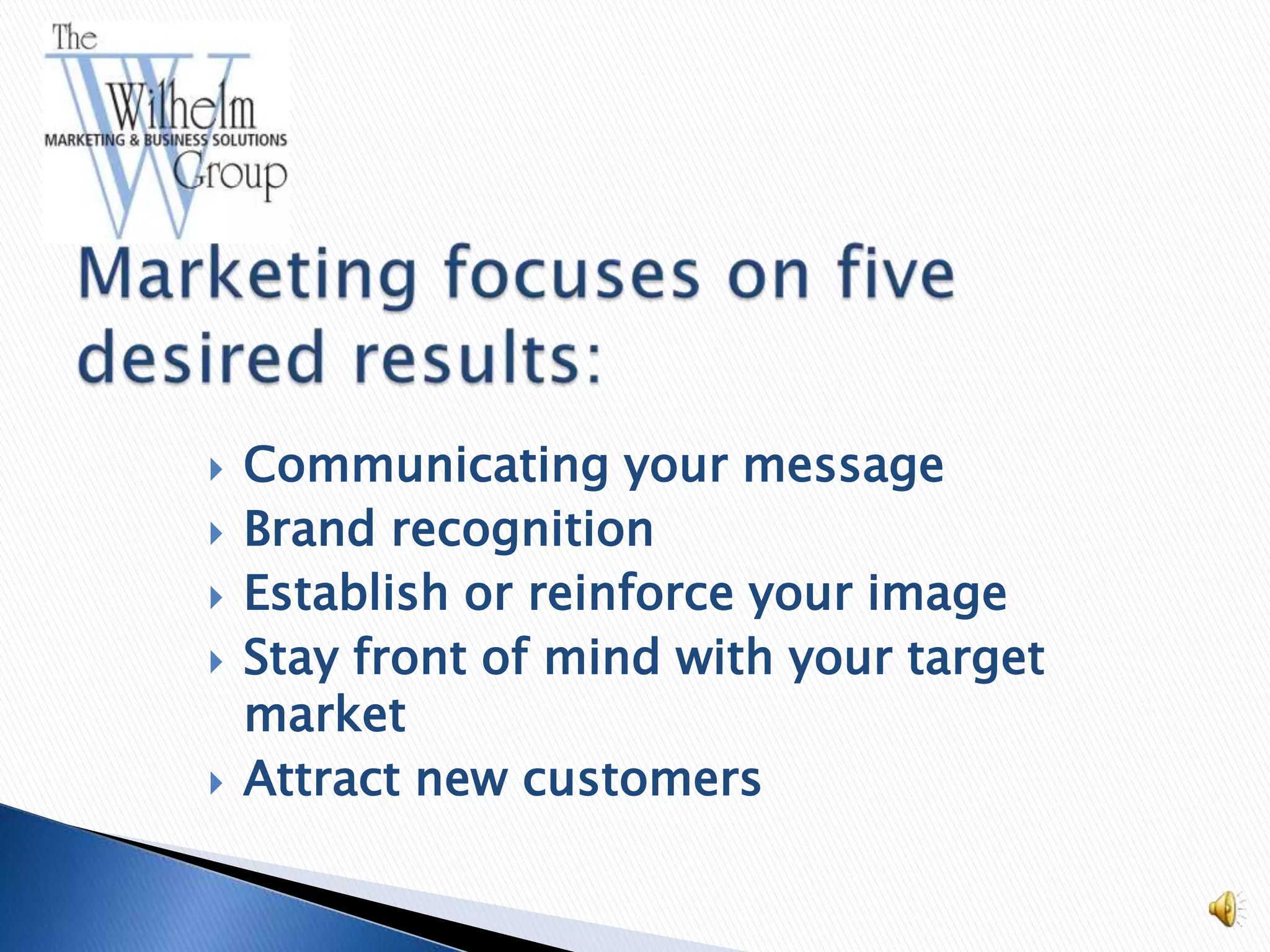    Communicating your message
   Brand recognition
   Establish or reinforce your image
   Stay front of mind with your target
    market
   Attract new customers
 