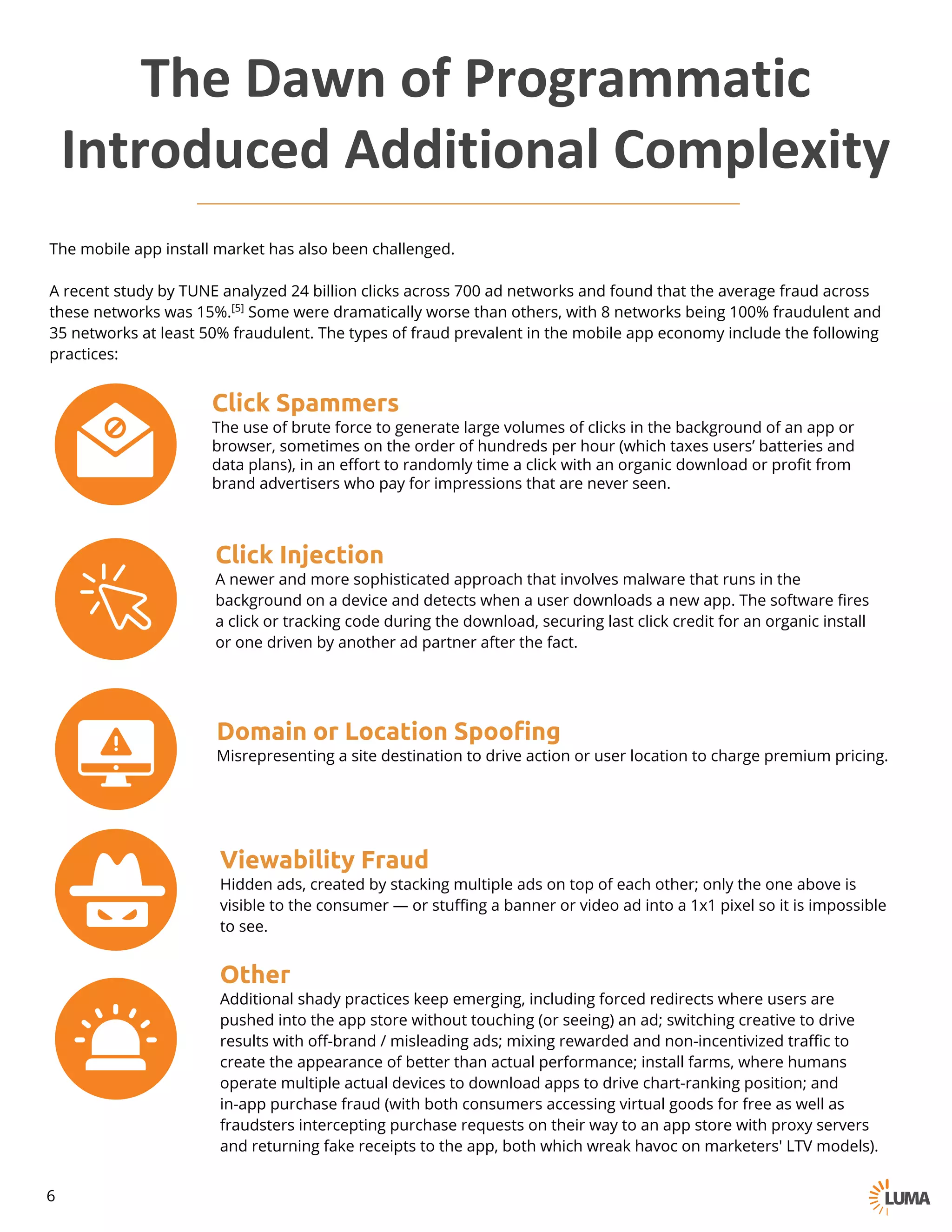 The mobile app install market has also been challenged.
A recent study by TUNE analyzed 24 billion clicks across 700 ad networks and found that the average fraud across
these networks was 15%.[5] Some were dramatically worse than others, with 8 networks being 100% fraudulent and
35 networks at least 50% fraudulent. The types of fraud prevalent in the mobile app economy include the following
practices:
Click Spammers
The use of brute force to generate large volumes of clicks in the background of an app or
browser, sometimes on the order of hundreds per hour (which taxes users’ batteries and
data plans), in an effort to randomly time a click with an organic download or profit from
brand advertisers who pay for impressions that are never seen.
Click Injection
A newer and more sophisticated approach that involves malware that runs in the
background on a device and detects when a user downloads a new app. The software fires
a click or tracking code during the download, securing last click credit for an organic install
or one driven by another ad partner after the fact.
Domain or Location Spoofing
Misrepresenting a site destination to drive action or user location to charge premium pricing.
Viewability Fraud
Hidden ads, created by stacking multiple ads on top of each other; only the one above is
visible to the consumer — or stuffing a banner or video ad into a 1x1 pixel so it is impossible
to see.
Other
Additional shady practices keep emerging, including forced redirects where users are
pushed into the app store without touching (or seeing) an ad; switching creative to drive
results with off-brand / misleading ads; mixing rewarded and non-incentivized traffic to
create the appearance of better than actual performance; install farms, where humans
operate multiple actual devices to download apps to drive chart-ranking position; and in-
app purchase fraud (with both consumers accessing virtual goods for free as well as
fraudsters intercepting purchase requests on their way to an app store with proxy servers
and returning fake receipts to the app, both which wreak havoc on marketers' LTV models).
The	Dawn	of	Programmatic
Introduced	Additional	Complexity
6
 