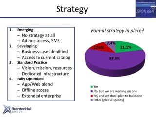 Strategy
1. Emerging
– No strategy at all
– Ad hoc access, SMS
2. Developing
– Business case identified
– Access to current catalog
3. Standard Practice
– Vision, mission, resources
– Dedicated infrastructure
4. Fully Optimized
– App/Web blend
– Offline access
– Extended enterprise
21.1%
58.9%
12.6%
7.4%
Yes
No, but we are working on one
No, and we don’t plan to build one
Other (please specify)
Formal strategy in place?
 