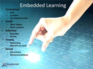 Embedded Learning
• Contextual
• Role
• Location
• Development path
• Small
• Short videos
• Quick updates
• Informal
• Everyday
• Ad hoc
• Timely
• Down time
• Moment of need
• Social
• Discussions
• Recommendations
 
