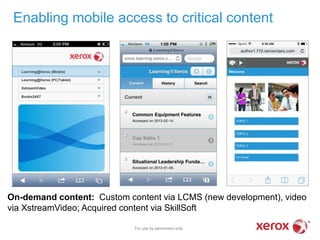 On-demand content: Custom content via LCMS (new development), video
via XstreamVideo; Acquired content via SkillSoft
Enabling mobile access to critical content
For use by permission only
 