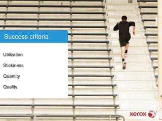 Success criteria
Utilization
Stickiness
Quantity
Quality
 