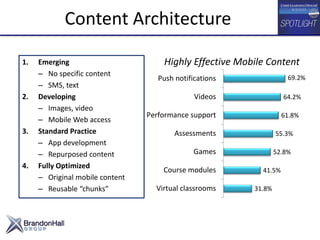 Content Architecture
1. Emerging
– No specific content
– SMS, text
2. Developing
– Images, video
– Mobile Web access
3. St...