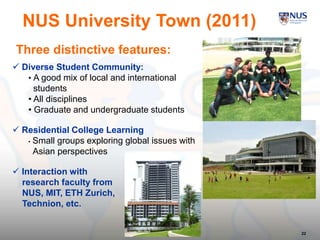 22
 Diverse Student Community:
• A good mix of local and international
students
• All disciplines
• Graduate and undergraduate students
 Residential College Learning
• Small groups exploring global issues with
Asian perspectives
 Interaction with
research faculty from
NUS, MIT, ETH Zurich,
Technion, etc.
NUS University Town (2011)
Three distinctive features:
 