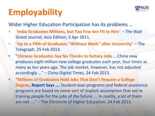 Employability
Wider Higher Education Participation has its problems …
• “India Graduates Millions, but Too Few Are Fit to Hire” – The Wall
Street Journal, Asia Edition, 5 Apr 2011.
• “Up to a Fifth of Graduates “Without Work” after University” – The
Telegraph, 25 Feb 2013.
• “Chinese Graduates Say No Thanks to factory Jobs … China now
produces eight million new college graduates each year, four times as
many as ten years ago. The job market, however, has not adjusted
accordingly …” – China Digital Times, 24 Feb 2013.
• “Millions of Graduates Hold Jobs That Don’t Require a College
Degree, Report Says …. Student-loan programs and federal assistance
programs are based on some sort of implicit assumption that we’re
training people for the jobs of the future …. In reality, a lot of them
are not ….” – The Chronicle of Higher Education, 24 Feb 2013.
6
 