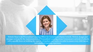 Nichole Husa is the Personalized Learning Officer for Cornerstone Charter Schools. Nichole designs and
manages systems for the implementation of Personalized Learning across Cornerstone's network of schools,
with a specific focus on building the capacity of teachers and leaders in order to ensure every child has an
individualized learning experience.
 