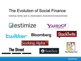 The Evolution of Social Finance
Incentives, identity, open vs. closed systems, structured and unstructured data
 