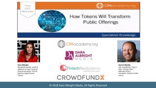 © 2018 Dara Albright Media, All Rights Reserved
Dara Albright
Recognized speaker, writer &
influencer on topics covering
financial disruption, FinTech,
RegTech, Digital/Crowd-
Finance
Darren Marble
CEO, CrowdfundX | Reg A+
IPOs | Security Token
Offerings (STOs) |
Contributor, Business Insider
and Inc.
 