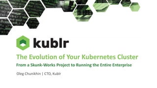 The Evolution of Your Kubernetes Cluster
From a Skunk-Works Project to Running the Entire Enterprise
Oleg Chunikhin | CTO, Kublr
 