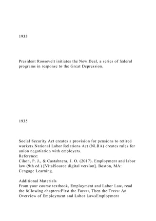 1933
President Roosevelt initiates the New Deal, a series of federal
programs in response to the Great Depression.
1935
Social Security Act creates a provision for pensions to retired
workers.National Labor Relations Act (NLRA) creates rules for
union negotiation with employers.
Reference:
Cihon, P. J., & Castabnera, J. O. (2017). Employment and labor
law (9th ed.) [VitalSource digital version]. Boston, MA:
Cengage Learning.
Additional Materials
From your course textbook, Employment and Labor Law, read
the following chapters:First the Forest, Then the Trees: An
Overview of Employment and Labor LawsEmployment
 