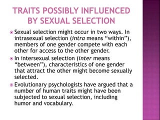  Sexual selection might occur in two ways. In
intrasexual selection (intra means “within”),
members of one gender compete with each
other for access to the other gender.
 In intersexual selection (inter means
“between”), characteristics of one gender
that attract the other might become sexually
selected.
 Evolutionary psychologists have argued that a
number of human traits might have been
subjected to sexual selection, including
humor and vocabulary.
 