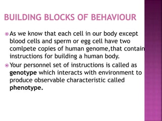  As we know that each cell in our body except
blood cells and sperm or egg cell have two
comlpete copies of human genome,that contain
instructions for building a human body.
 Your personnel set of instructions is called as
genotype which interacts with environment to
produce observable characteristic called
phenotype.
 