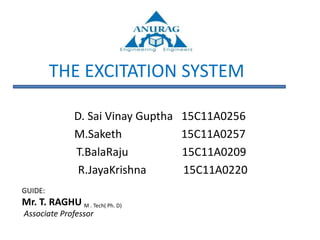THE EXCITATION SYSTEM
D. Sai Vinay Guptha 15C11A0256
M.Saketh 15C11A0257
T.BalaRaju 15C11A0209
R.JayaKrishna 15C11A0220
GUIDE:
Mr. T. RAGHU M . Tech( Ph. D)
Associate Professor
 