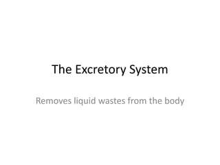The Excretory System
Removes liquid wastes from the body
 