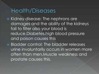 Kidney disease: The nephrons are
damages and the ability of the kidneys
fail to filter also your blood is
reduce.Diabetes,high blood pressure
and poison causes this
 Bladder control: The bladder releases
urine involuntarily occurs in women more
often than men.Muscle weakness and
prostate causes this.


 
