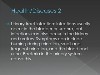 

Urinary tract infection: Infections usually
occur in the bladder or urethra, but
infections can also occur in the kidney
and ureters. Symptoms can include
burning during urination, small and
frequent urination, and the blood and
urine. Bacteria in the urinary system
cause this.

 