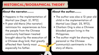 HISTORICAL/BIOGRAPHICAL THEORY
About the narrator........ About the author........
Happens in the implementation of
Martial Law (Sept. 21, 1972)
9-year old Mario (the narrator)
reminisce his experiences as how
the people from the Chinese
community had been treated
brought about by the execution of
a Chinese drug lord, that greatly
affected their family most
especially his father.
The author was also a 12-year old
child in the implementation of
Martial Law (Sept. 23, 1972).
Charlson Ong is also a Chinese
blooded person living in the
Philippines.
The author might be sharing his
personal or the Chinese
community's sentiments in the
story of Mario.
 