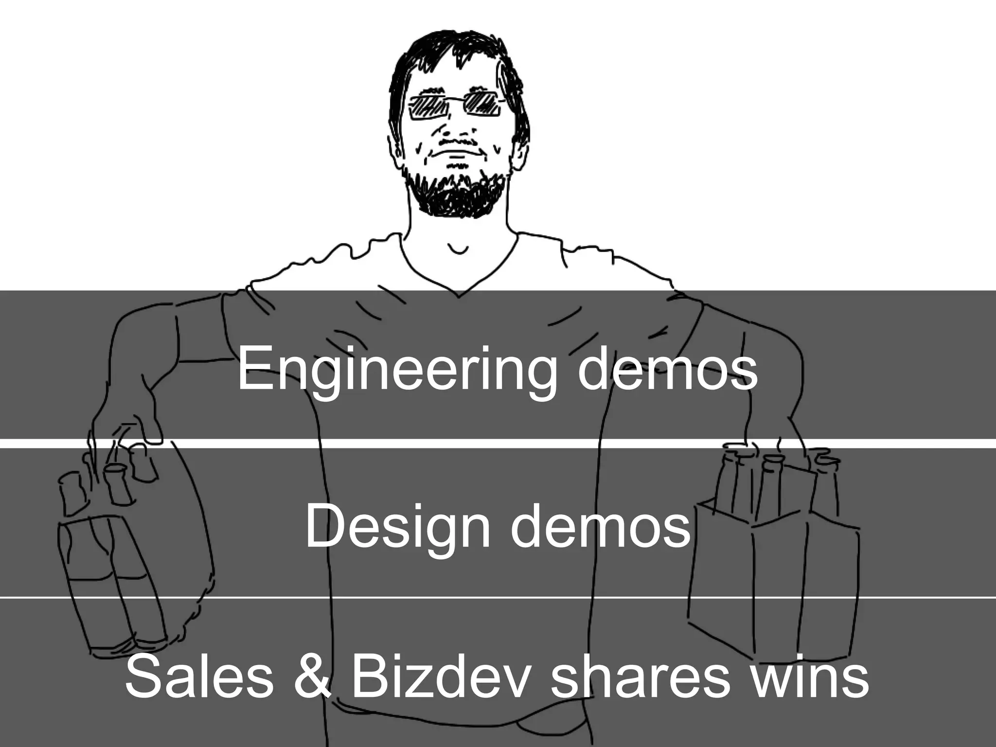 Engineering demos
Design demos
Sales & Bizdev shares wins
 