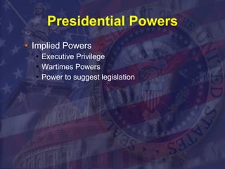 Presidential Powers Implied Powers Executive Privilege Wartimes Powers Power to suggest legislation 