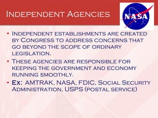 Independent Agencies Independent establishments are created by Congress to address concerns that go beyond the scope of ordinary legislation.  These agencies are responsible for keeping the government and economy running smoothly. Ex:  AMTRAK, NASA, FDIC, Social Security Administration, USPS (postal service) 