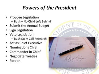 Powers of the President
• Propose Legislation
– Bush – No Child Left Behind
• Submit the Annual Budget
• Sign Legislation
• Veto Legislation
– Bush Stem Cell Research
• Act as Chief Executive
• Nominations Chief
• Commander in Chief
• Negotiate Treaties
• Pardon
 