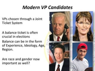 Modern VP Candidates
VPs chosen through a Joint
Ticket System
A balance ticket is often
crucial in elections
Balance can be in the form
of Experience, Ideology, Age,
Region.
Are race and gender now
important as well?
 